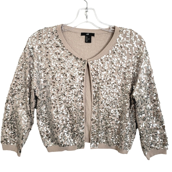 H&M Beige & Silver Sequin Knit 3/4 Sleeve Cropped Retro Inspired ♥ Cardi… - Picture 15 of 15
